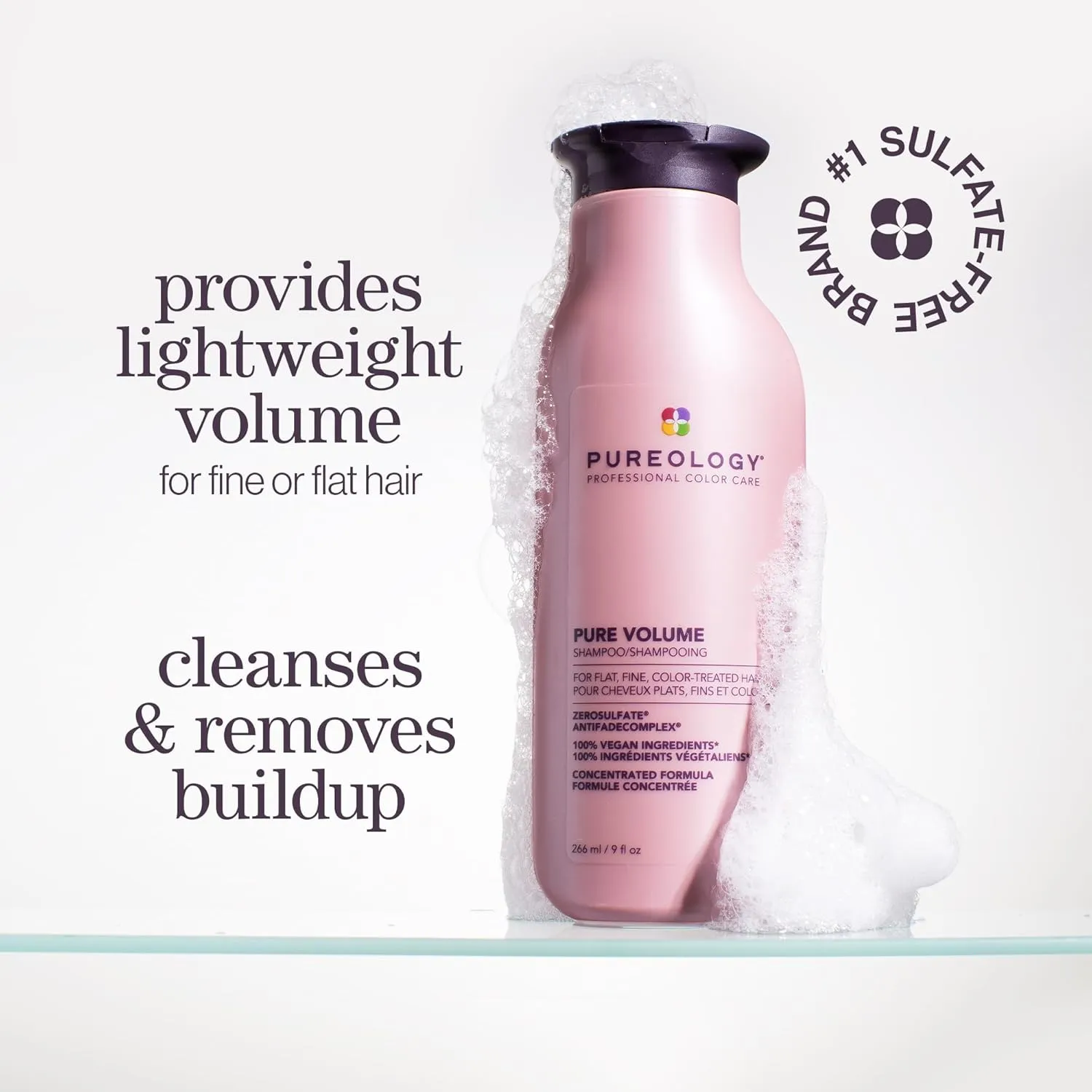 Pureology Pure Volume Shampoo - For Flat, Fine, Color-Treated Hair, Adds Lightweight Volume and Body, Clarifies Buildup, Sulfate-Free & Vegan