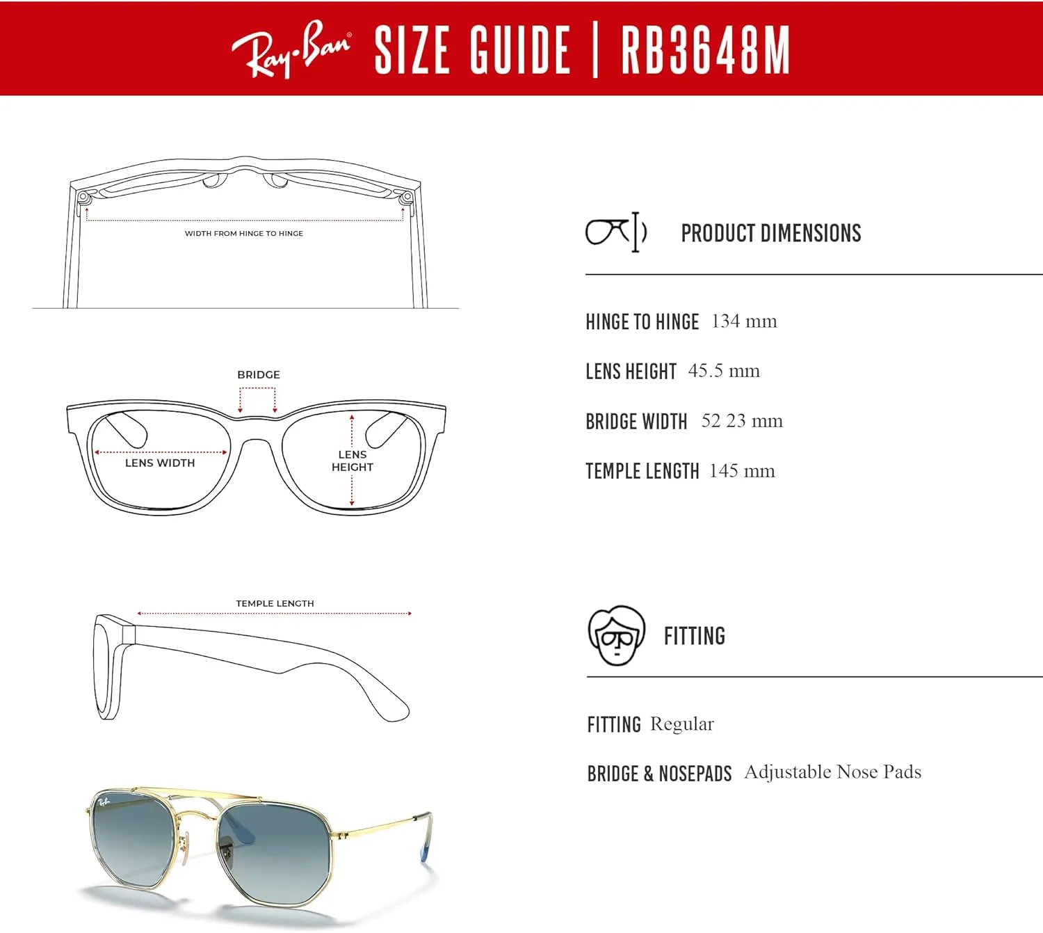 Ray-Ban The Marshal II RB3648M Hexagonal Sunglasses for Men for Women   BUNDLE With Designer iWear Complimentary Eyewear Kit