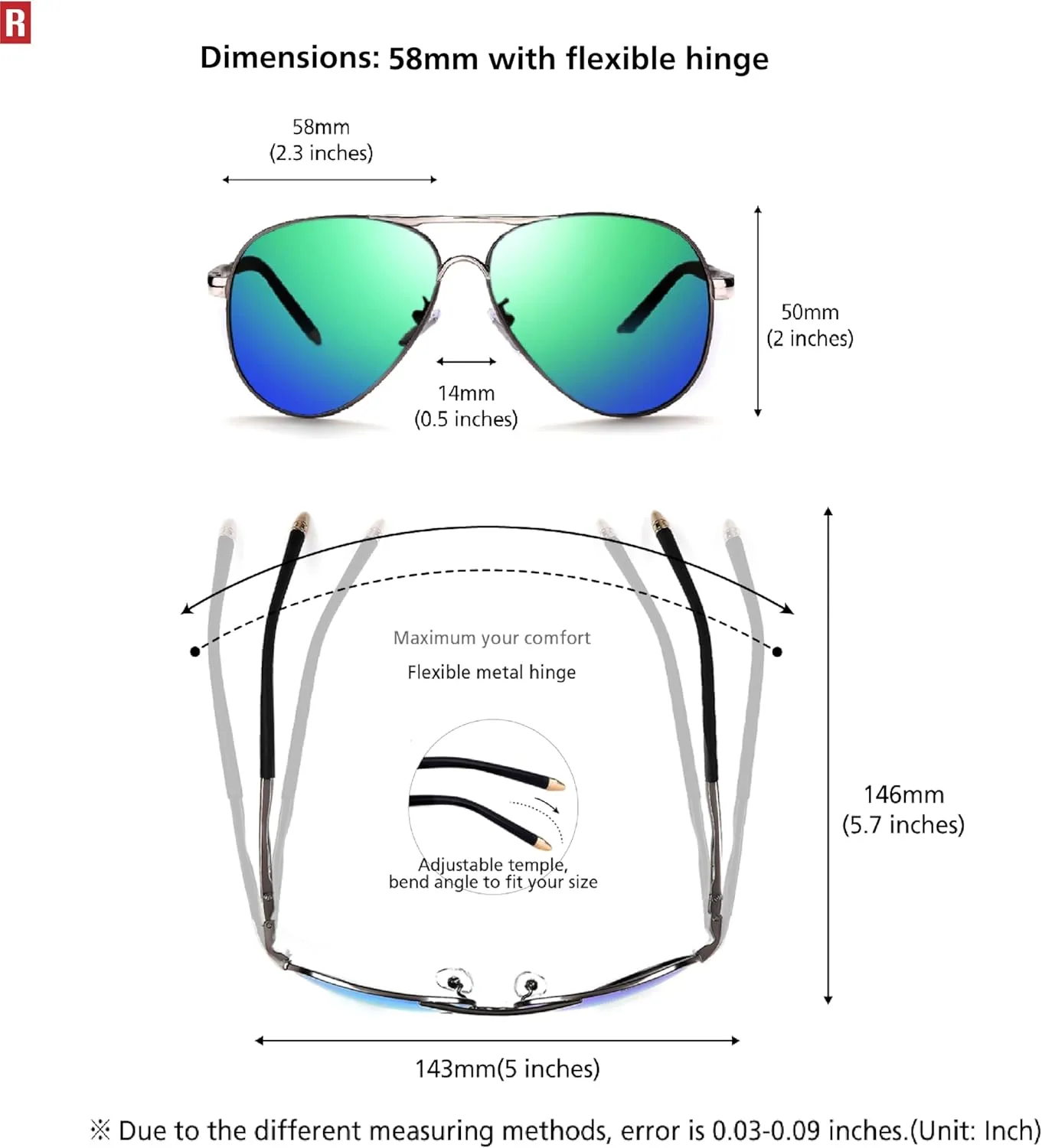 ROCKNIGHT Polarized Aviator Sunglasses for Men Women Metal Flat Top Sunglasses lightweight Driving UV400 Outdoor 58mm