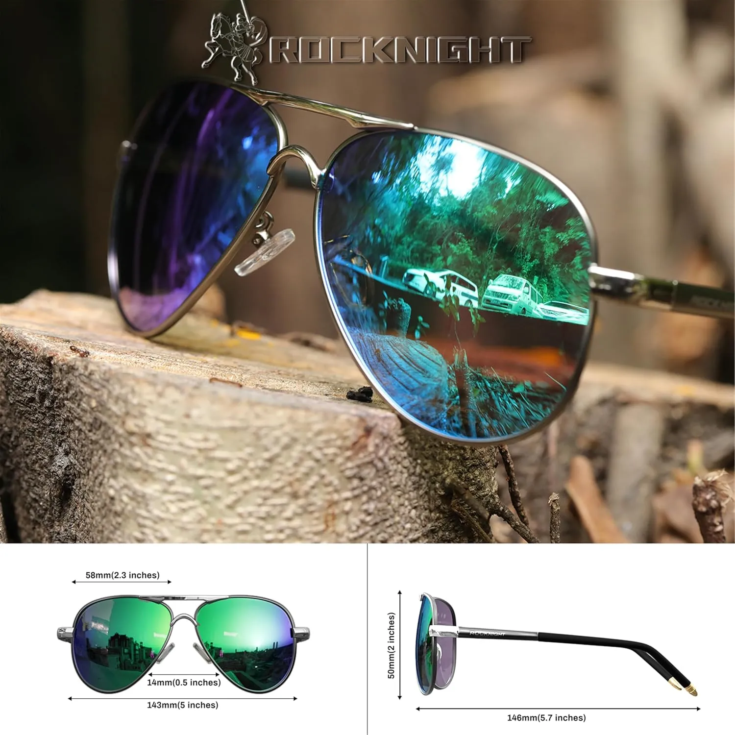 ROCKNIGHT Polarized Aviator Sunglasses for Men Women Metal Flat Top Sunglasses lightweight Driving UV400 Outdoor 58mm