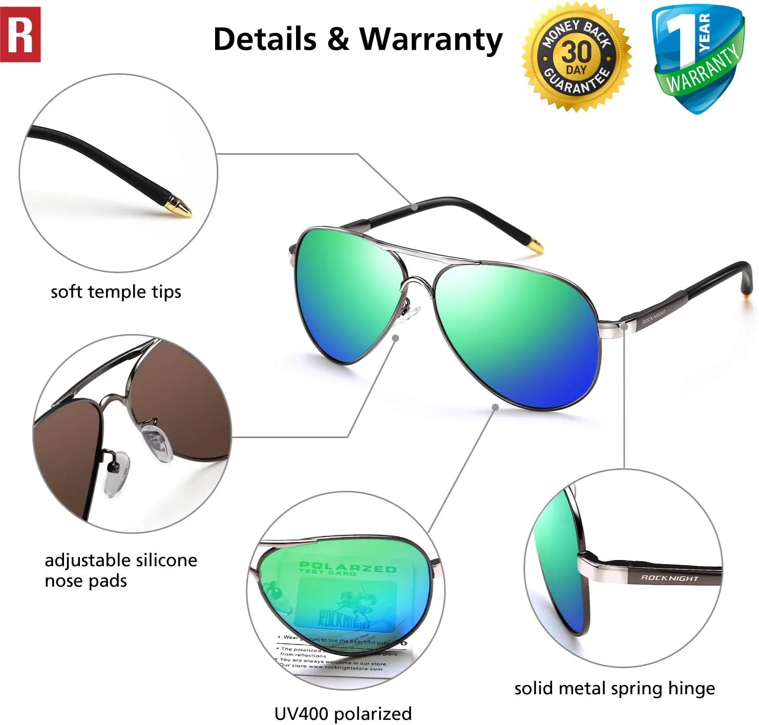 ROCKNIGHT Polarized Aviator Sunglasses for Men Women Metal Flat Top Sunglasses lightweight Driving UV400 Outdoor 58mm