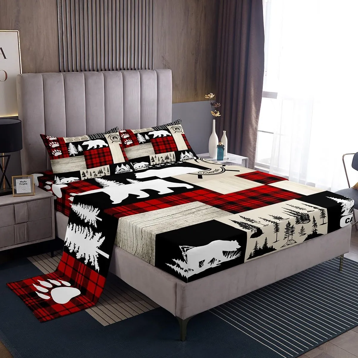 Rustic Cabin Lodge Bear Bed Sheets Set King Size, Farm Forest Sheets with Deep Pocket Fitted Sheet Bed Sheets Set for Kids Camping Hunting Sheet Set Plaid Bear Farmhouse Lodge Bedding Set 4Pcs
