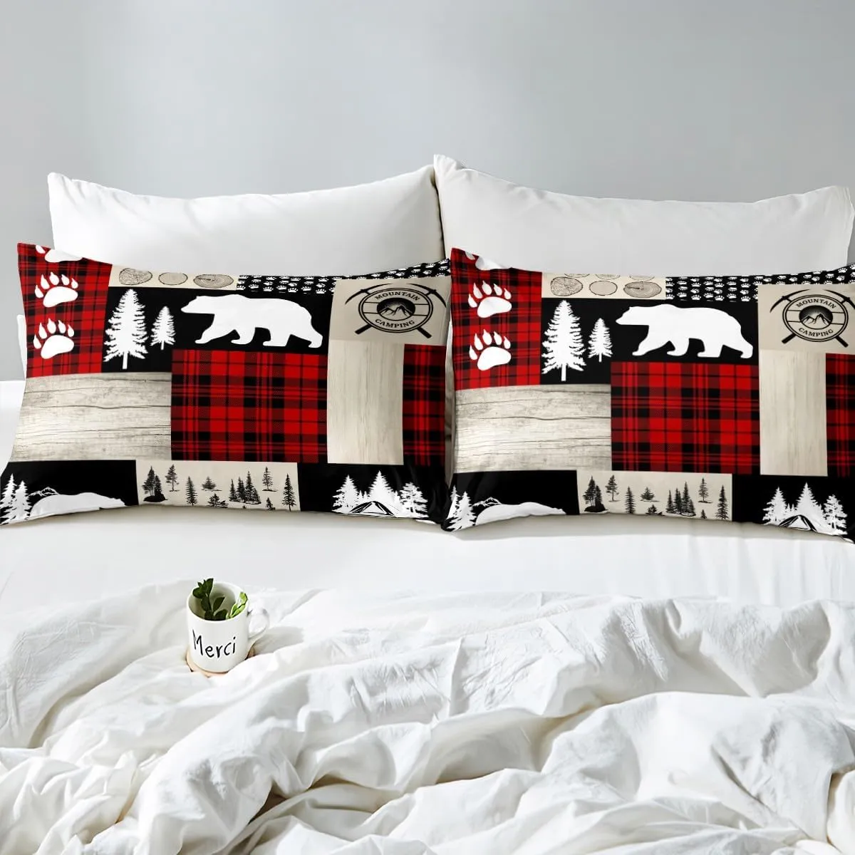 Rustic Cabin Lodge Bear Bed Sheets Set King Size, Farm Forest Sheets with Deep Pocket Fitted Sheet Bed Sheets Set for Kids Camping Hunting Sheet Set Plaid Bear Farmhouse Lodge Bedding Set 4Pcs
