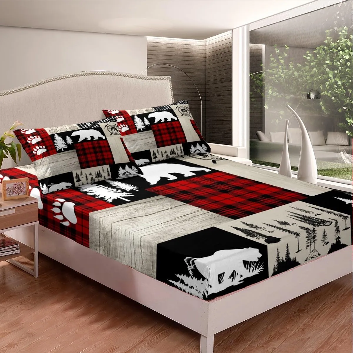 Rustic Cabin Lodge Bear Bed Sheets Set King Size, Farm Forest Sheets with Deep Pocket Fitted Sheet Bed Sheets Set for Kids Camping Hunting Sheet Set Plaid Bear Farmhouse Lodge Bedding Set 4Pcs