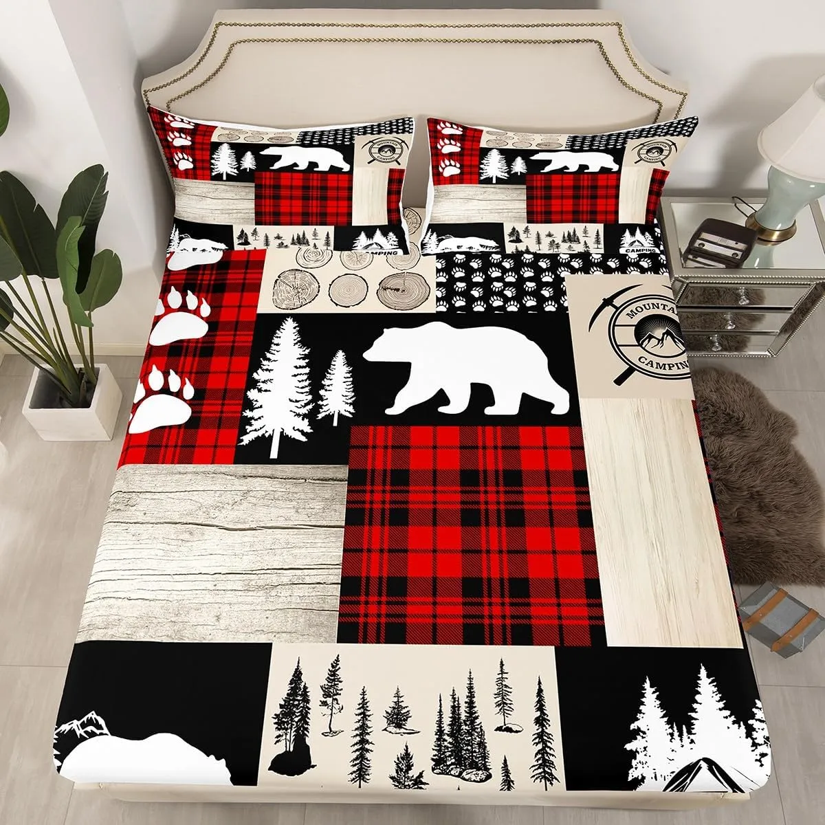 Rustic Cabin Lodge Bear Bed Sheets Set King Size, Farm Forest Sheets with Deep Pocket Fitted Sheet Bed Sheets Set for Kids Camping Hunting Sheet Set Plaid Bear Farmhouse Lodge Bedding Set 4Pcs