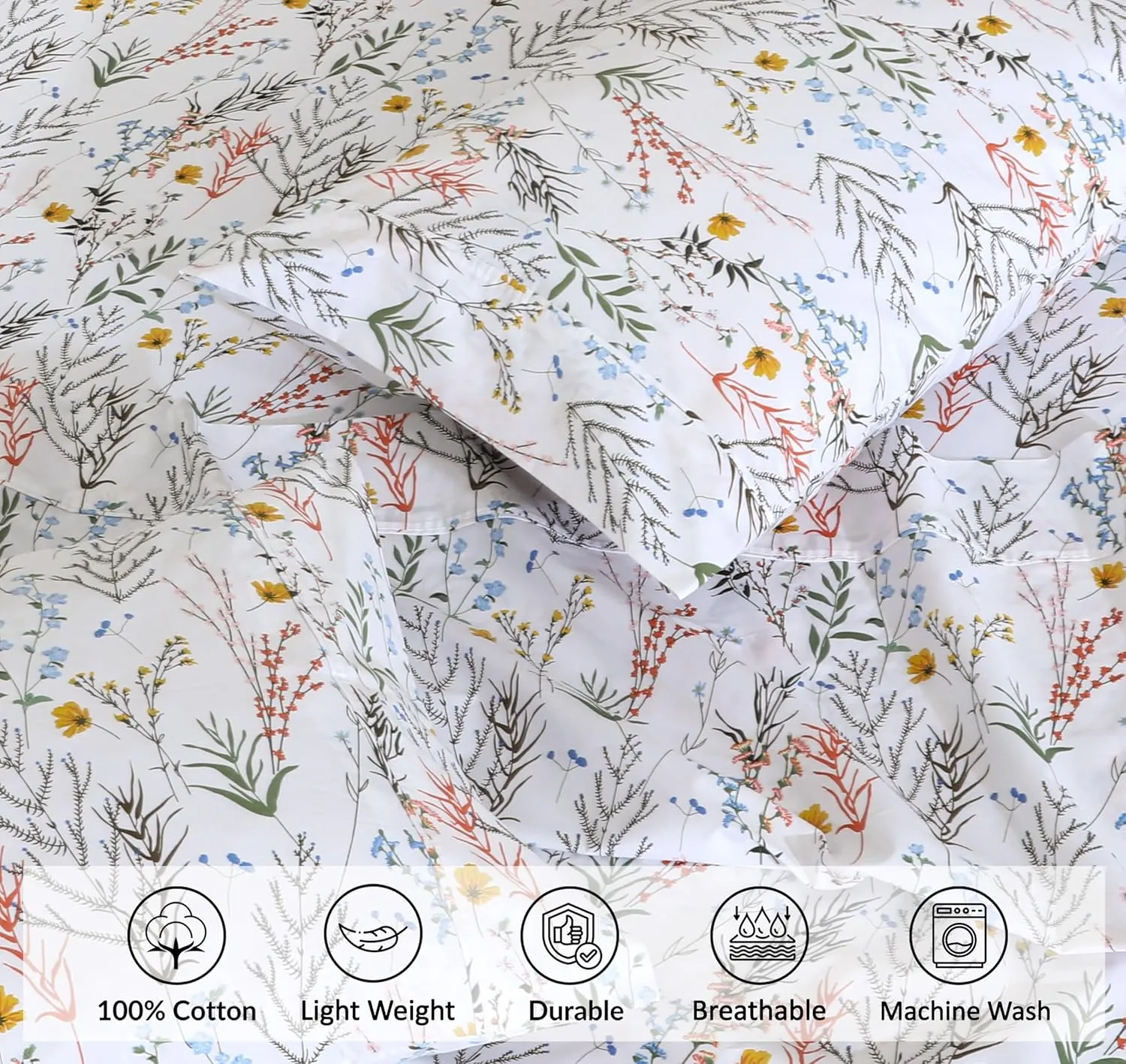 RUVANTI 100% Cotton Sheets Queen Size Set, 4 Pieces, Soft & Breathable Percale Weave Bedding, Deep Pocket 16", Hotel Standard, Crisp Cool Feeling, Durable, Perfect Floral Bed Sheet, Aroma