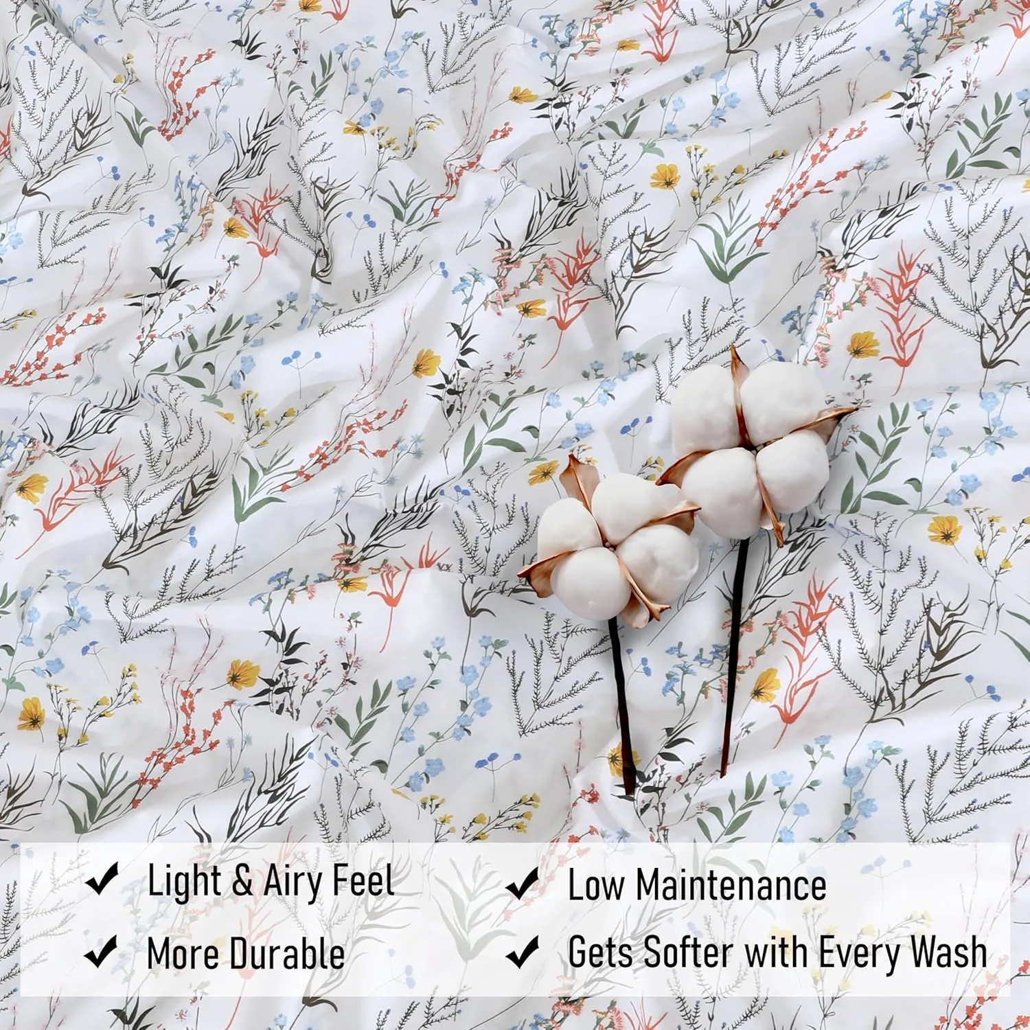 RUVANTI 100% Cotton Sheets Queen Size Set, 4 Pieces, Soft & Breathable Percale Weave Bedding, Deep Pocket 16", Hotel Standard, Crisp Cool Feeling, Durable, Perfect Floral Bed Sheet, Aroma