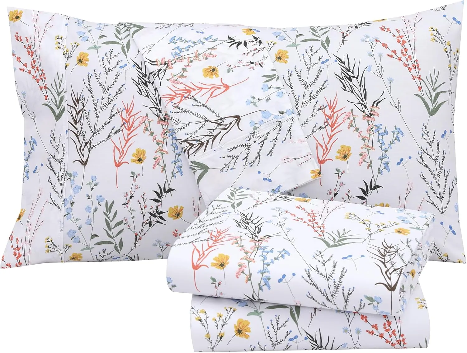 RUVANTI 100% Cotton Sheets Queen Size Set, 4 Pieces, Soft & Breathable Percale Weave Bedding, Deep Pocket 16", Hotel Standard, Crisp Cool Feeling, Durable, Perfect Floral Bed Sheet, Aroma