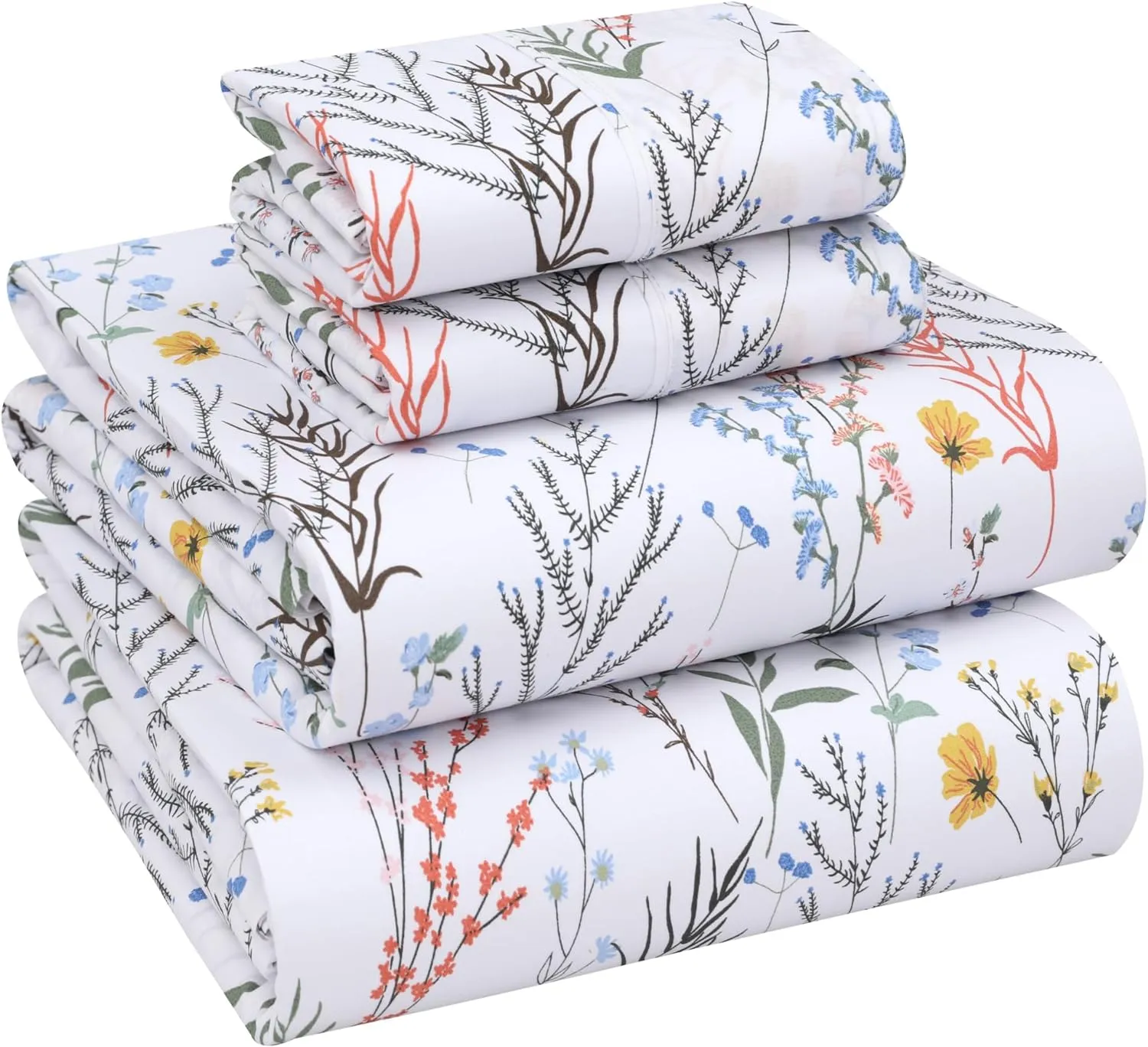 RUVANTI 100% Cotton Sheets Queen Size Set, 4 Pieces, Soft & Breathable Percale Weave Bedding, Deep Pocket 16", Hotel Standard, Crisp Cool Feeling, Durable, Perfect Floral Bed Sheet, Aroma
