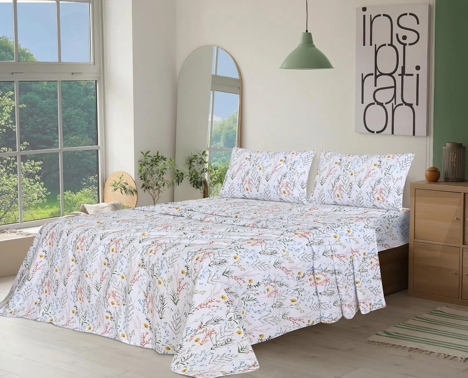 RUVANTI 100% Cotton Sheets Queen Size Set, 4 Pieces, Soft & Breathable Percale Weave Bedding, Deep Pocket 16", Hotel Standard, Crisp Cool Feeling, Durable, Perfect Floral Bed Sheet, Aroma