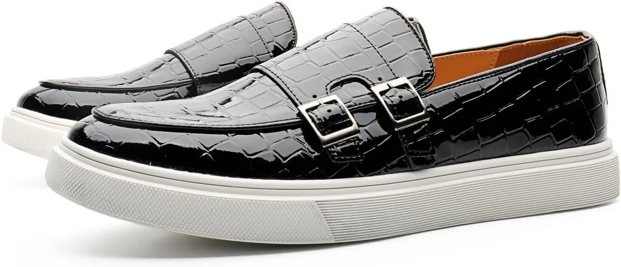 Santimon Men's Double Monk Strap Loafers Croc Patent Leather Formal Casual Chunky Dress Shoes