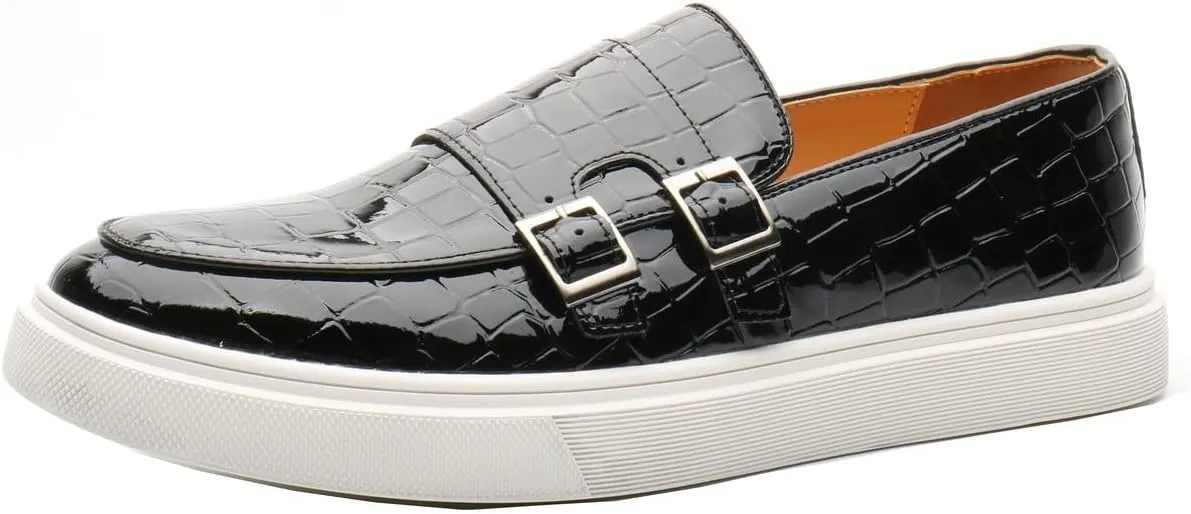 Santimon Men's Double Monk Strap Loafers Croc Patent Leather Formal Casual Chunky Dress Shoes