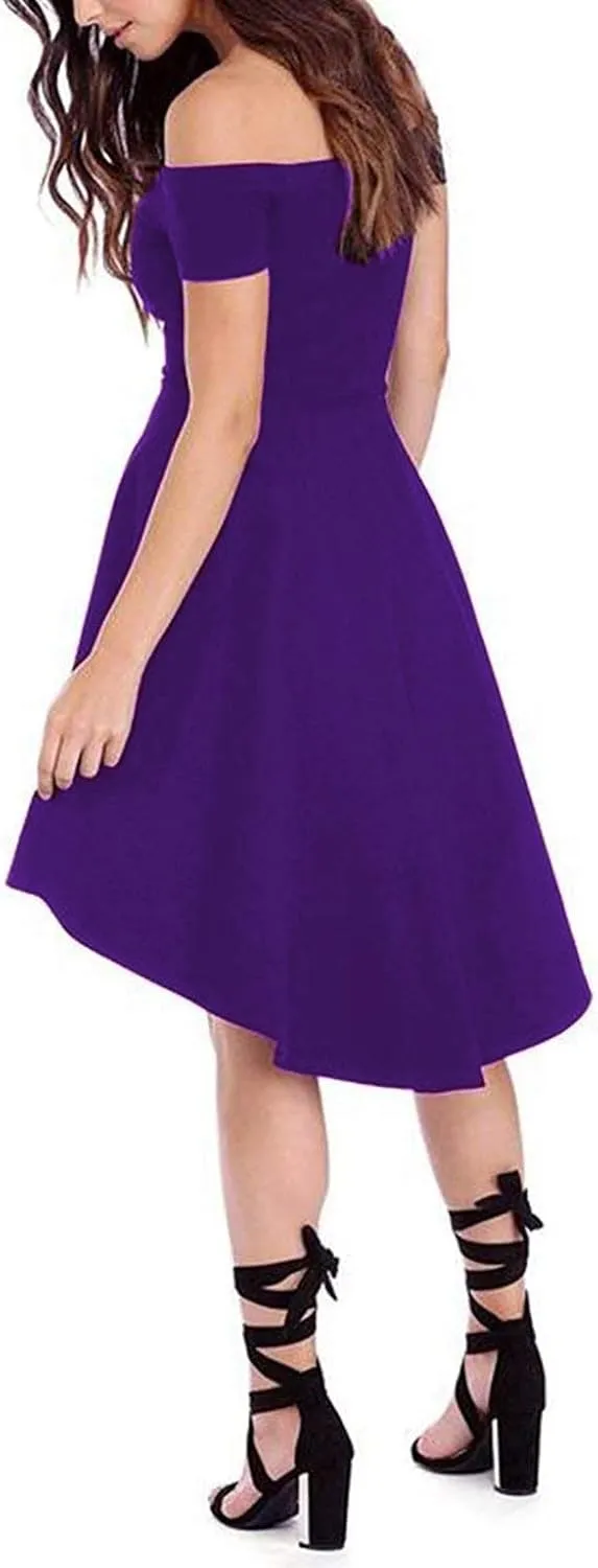 Sarin Mathews Womens Off The Shoulder Short Sleeve High Low Cocktail Skater Dress