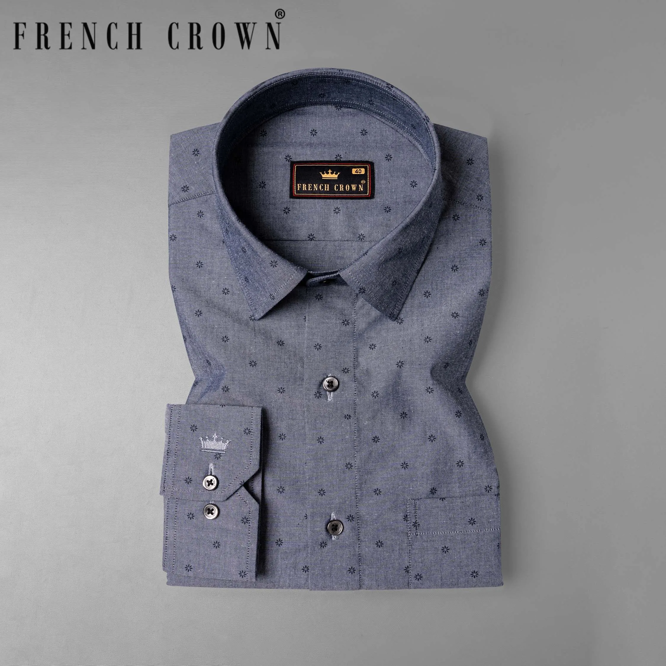 Scarpa Flow Grey Flora Printed Chambray Textured Premium Cotton Shirt