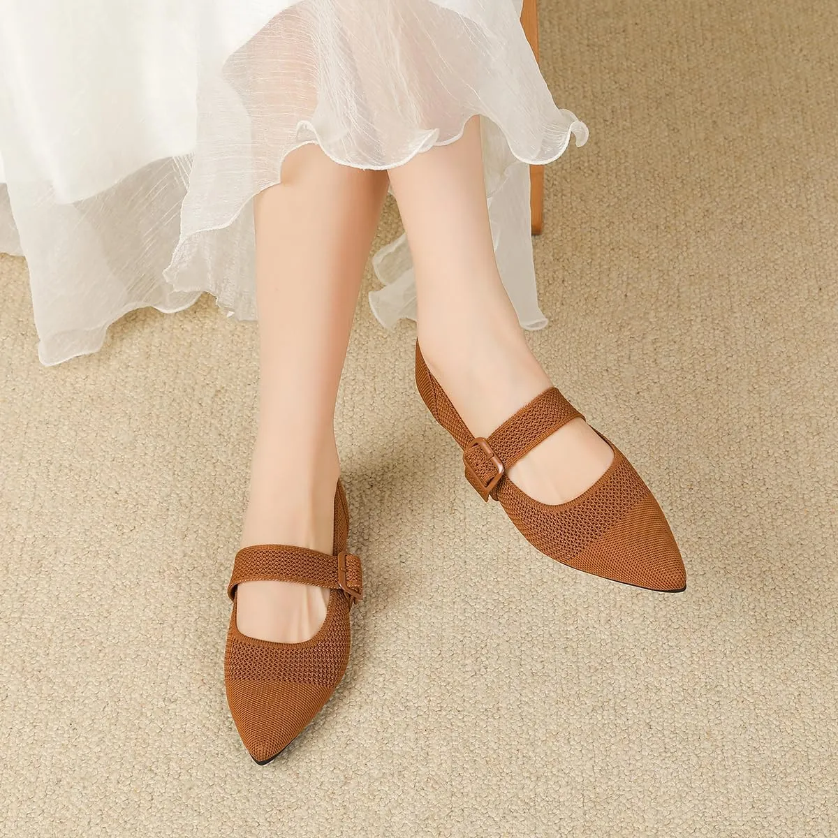 Semwiss Women's Mary Jane Flats Pointed Toe Ballet Flat with Adjustable Strap Design Breathable Mesh Dressy Casual Office Shoes