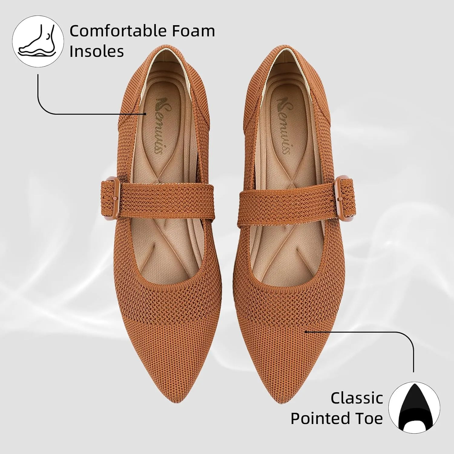 Semwiss Women's Mary Jane Flats Pointed Toe Ballet Flat with Adjustable Strap Design Breathable Mesh Dressy Casual Office Shoes