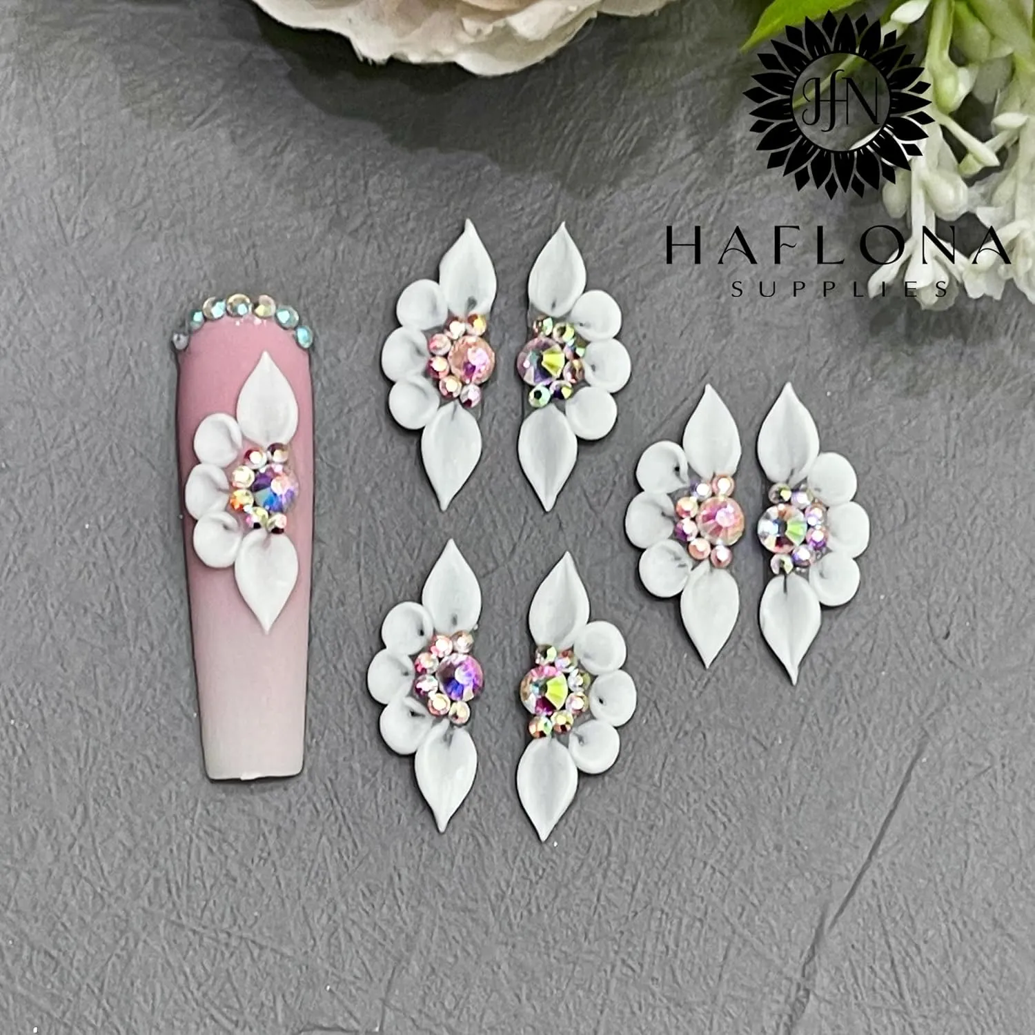 Set 12Pcs 3D Flowers Nails Charms With Rhinestone Gems Glow in Dark Handmade by Acrylic Powder Design For Long Nail L,XL,XXL Flower Nail Art Floral Salon Decor Women Girls (White 7 Rhinestones Glow in Dark-12PCs)