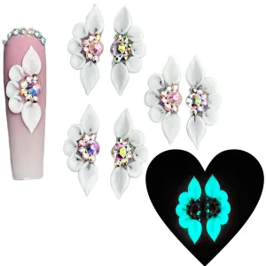 Set 12Pcs 3D Flowers Nails Charms With Rhinestone Gems Glow in Dark Handmade by Acrylic Powder Design For Long Nail L,XL,XXL Flower Nail Art Floral Salon Decor Women Girls (White 7 Rhinestones Glow in Dark-12PCs)