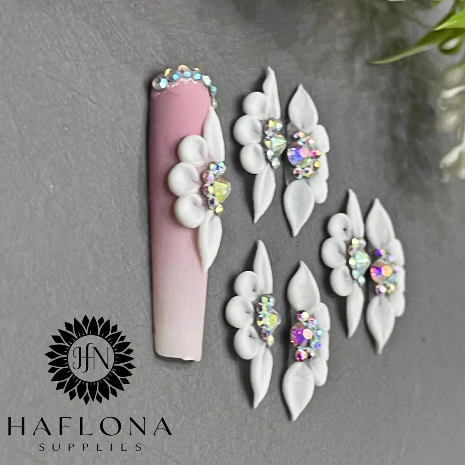Set 12Pcs 3D Flowers Nails Charms With Rhinestone Gems Glow in Dark Handmade by Acrylic Powder Design For Long Nail L,XL,XXL Flower Nail Art Floral Salon Decor Women Girls (White 7 Rhinestones Glow in Dark-12PCs)