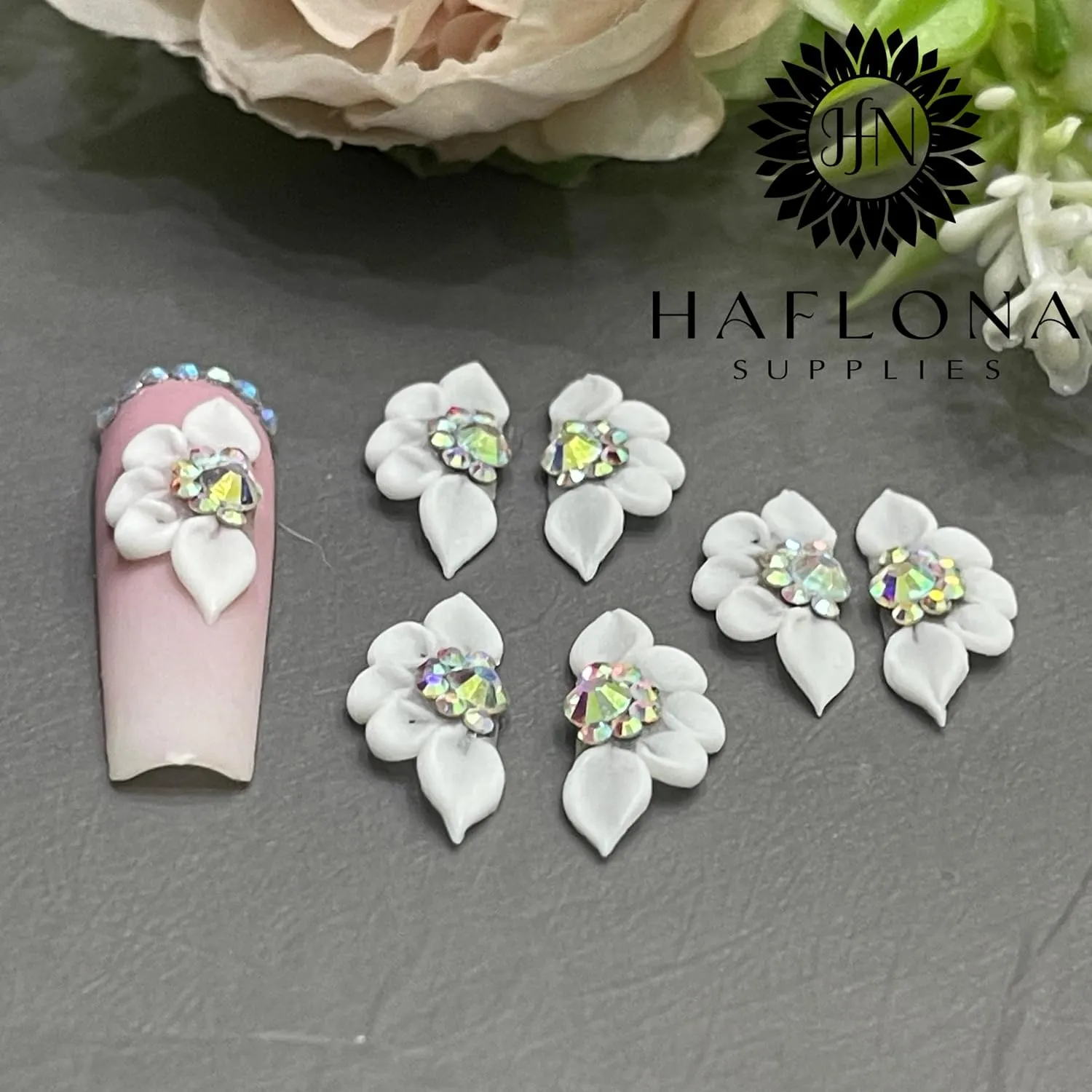 Set 12Pcs 3D Flowers Nails Charms With Rhinestone Gems Glow in Dark Handmade by Acrylic Powder Design For Long Nail L,XL,XXL Flower Nail Art Floral Salon Decor Women Girls (White 7 Rhinestones Glow in Dark-12PCs)