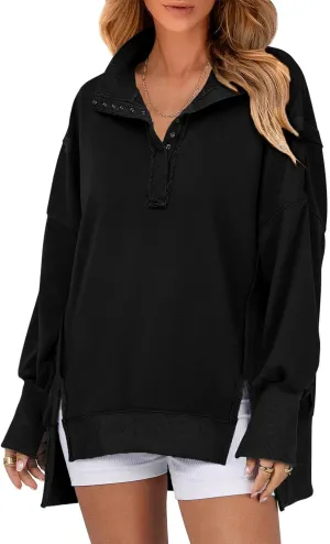 SHEWIN Women's Sweatshirts Casual Loose Button Henley Pullover Top Reverse Seam High Low Split 2024 Fall Fashion Outfits