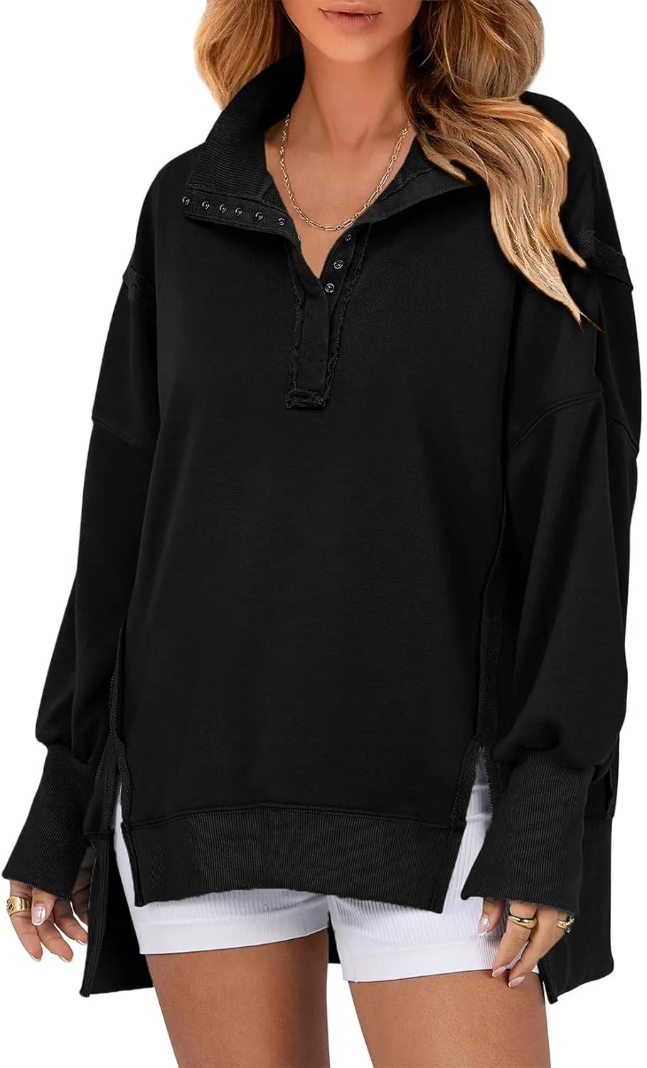 SHEWIN Women's Sweatshirts Casual Loose Button Henley Pullover Top Reverse Seam High Low Split 2024 Fall Fashion Outfits