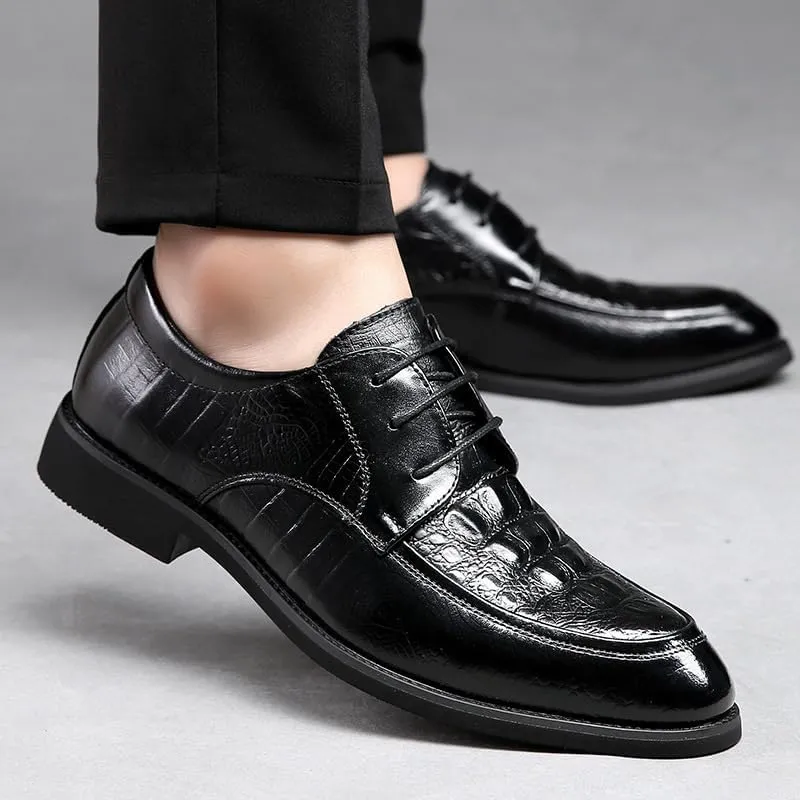 Shoes Dress Oxford for Men Lace Up Round Toe Leather Crocodile Print Apron Toe Derby Shoes Anti-Slip Block Heel Slip Resistant Rubber Sole Business