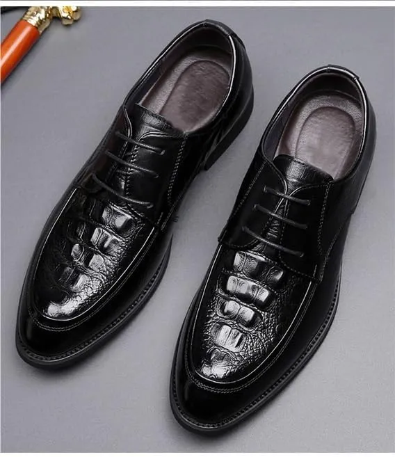 Shoes Dress Oxford for Men Lace Up Round Toe Leather Crocodile Print Apron Toe Derby Shoes Anti-Slip Block Heel Slip Resistant Rubber Sole Business