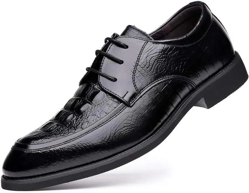 Shoes Dress Oxford for Men Lace Up Round Toe Leather Crocodile Print Apron Toe Derby Shoes Anti-Slip Block Heel Slip Resistant Rubber Sole Business