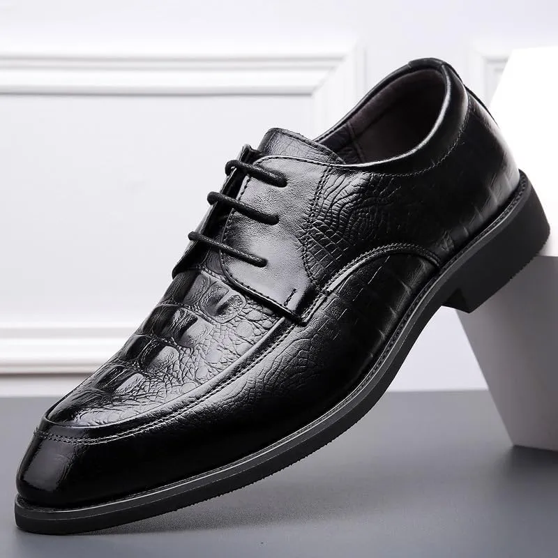 Shoes Dress Oxford for Men Lace Up Round Toe Leather Crocodile Print Apron Toe Derby Shoes Anti-Slip Block Heel Slip Resistant Rubber Sole Business