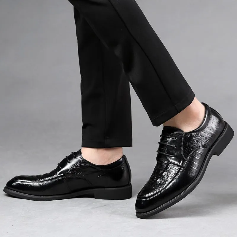Shoes Dress Oxford for Men Lace Up Round Toe Leather Crocodile Print Apron Toe Derby Shoes Anti-Slip Block Heel Slip Resistant Rubber Sole Business