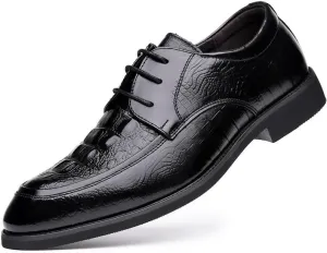 Shoes Dress Oxford for Men Lace Up Round Toe Leather Crocodile Print Apron Toe Derby Shoes Anti-Slip Block Heel Slip Resistant Rubber Sole Business