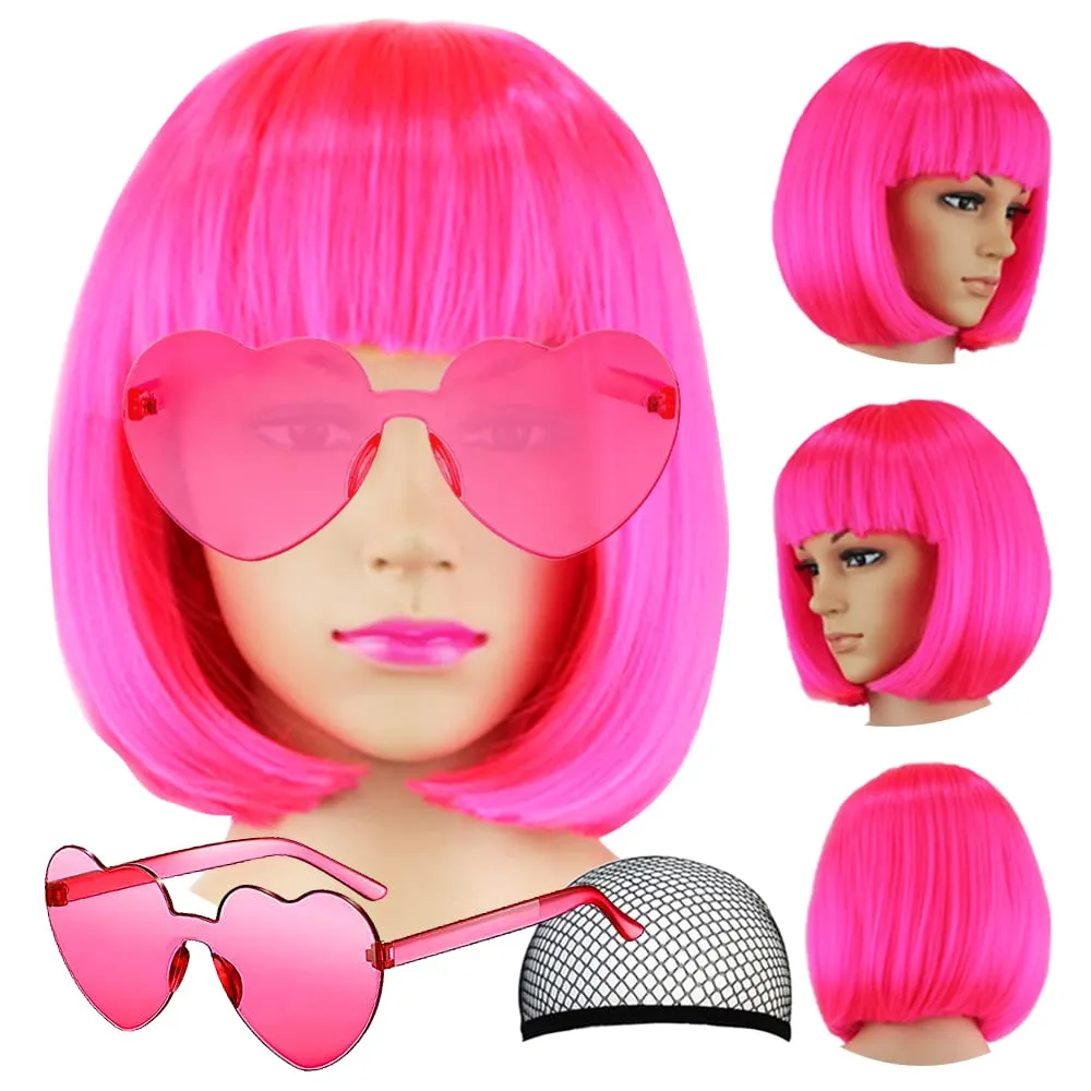 Short Bob Hair Wigs Straight with Flat Bangs Synthetic Colorful Cosplay Daily Party Neon Wig for Women   Free Wig Cap 14" Natural As Real