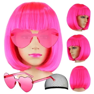 Short Bob Hair Wigs Straight with Flat Bangs Synthetic Colorful Cosplay Daily Party Neon Wig for Women   Free Wig Cap 14" Natural As Real