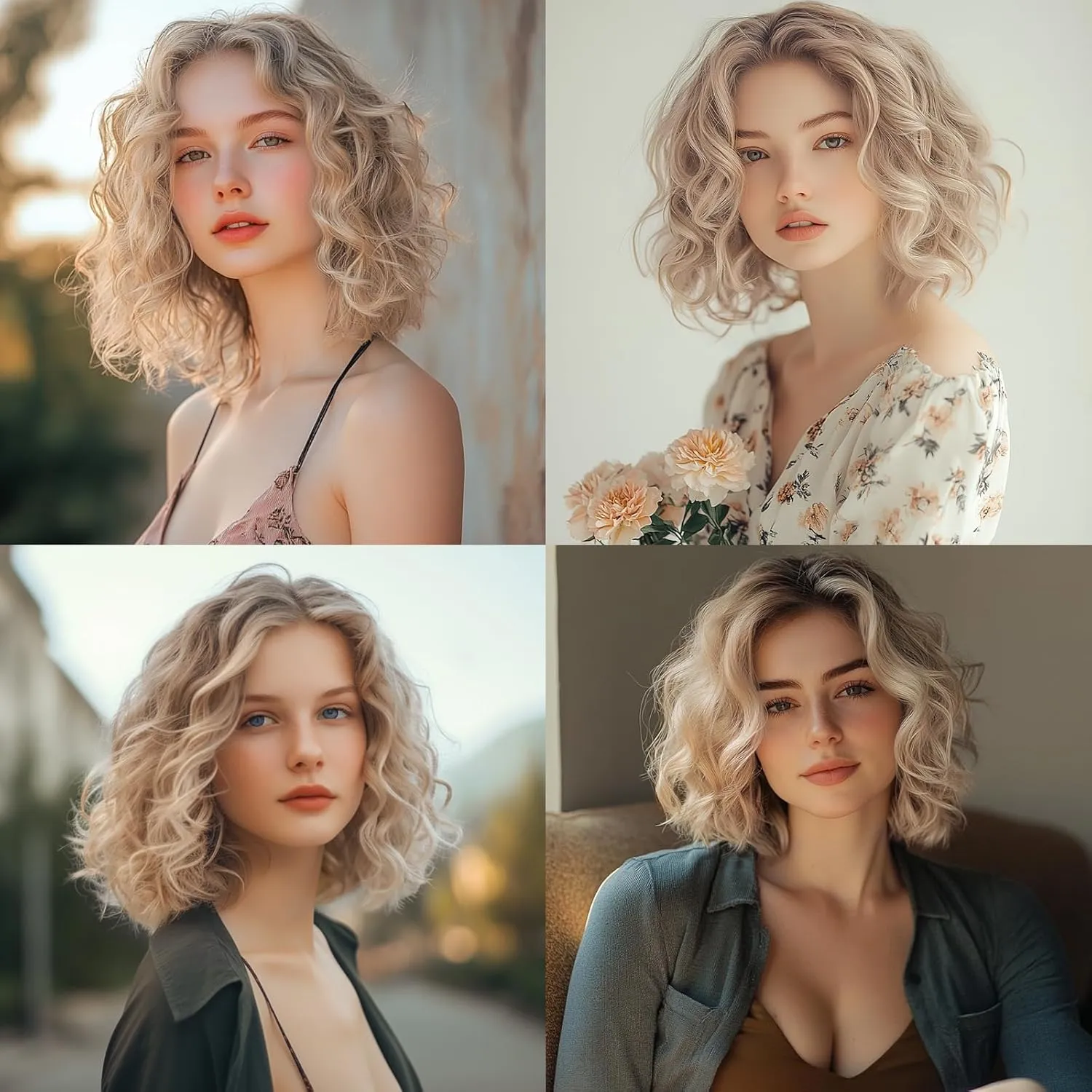 Short Ombre Ash Blonde Wavy Wigs for Women 14 Inch Shoulder Length Curly Wavy Bob Wig Synthetic Natural Hair Wig for Daily Party Use (Ash Blonde, 14 inch)