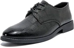 Single Season Oxford Dress Shoes for Men Lace Up Plaid Embossed Derby Shoes PU Leather Slip Resistant Block Heel Low Top Rubber Sole Non Slip Classic Very Popular Among Young People (Col Black