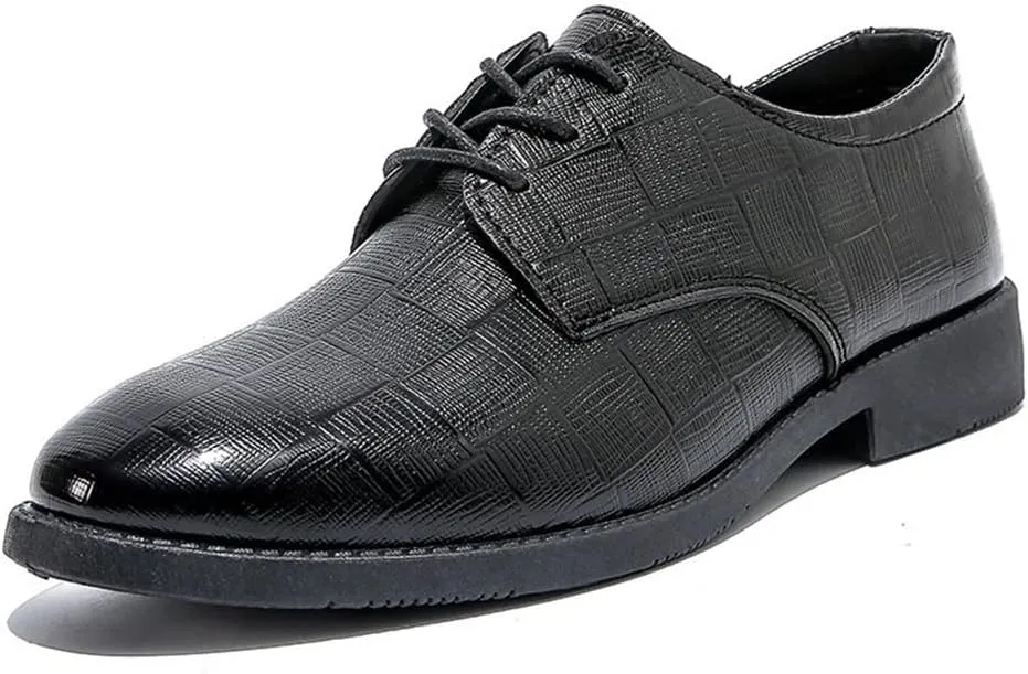Single Season Oxford Dress Shoes for Men Lace Up Plaid Embossed Derby Shoes PU Leather Slip Resistant Block Heel Low Top Rubber Sole Non Slip Classic Very Popular Among Young People (Col Black