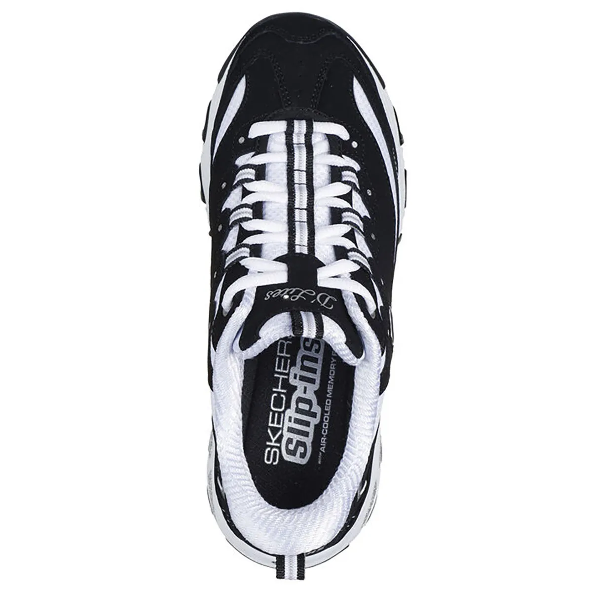 Skechers Women's D'Lites Fan Girl Slip-Ins Black/White Low Top Sneaker Shoes (BKW)