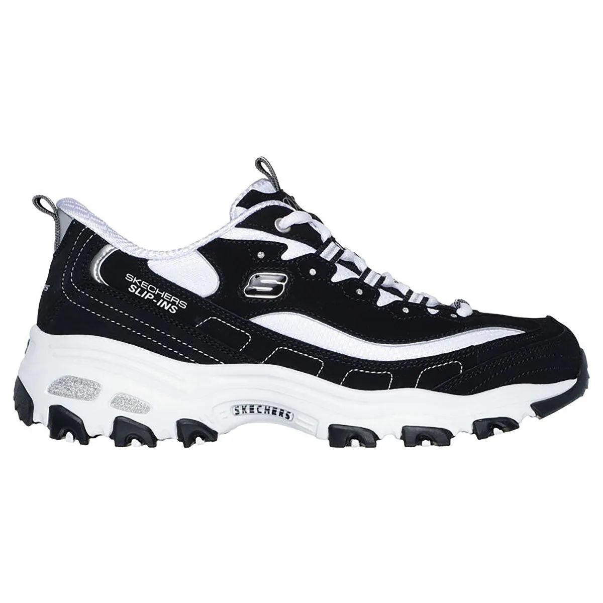 Skechers Women's D'Lites Fan Girl Slip-Ins Black/White Low Top Sneaker Shoes (BKW)