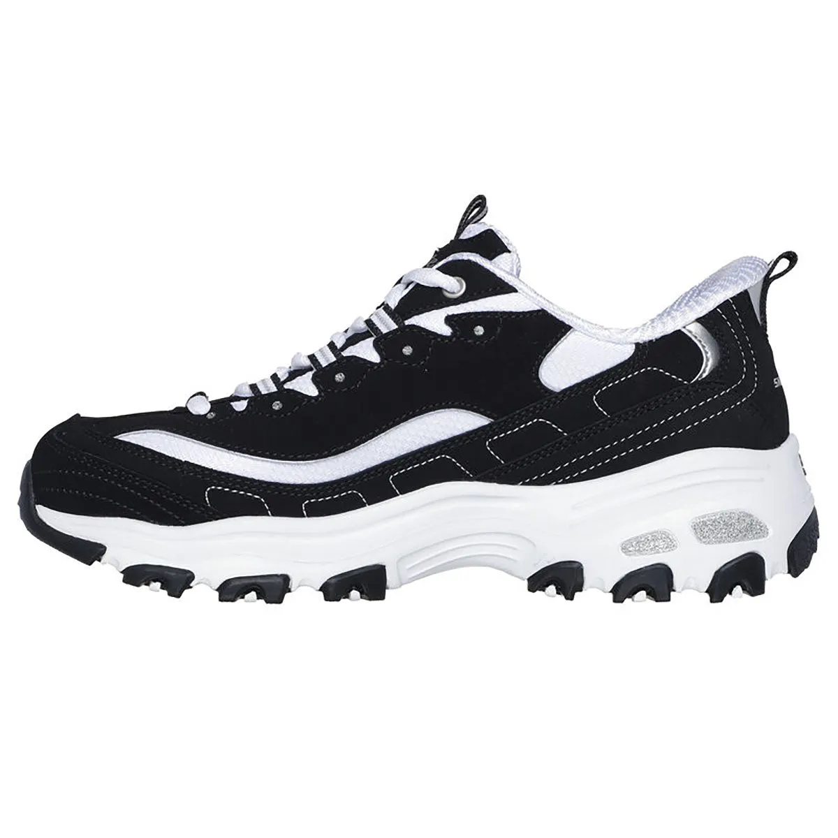 Skechers Women's D'Lites Fan Girl Slip-Ins Black/White Low Top Sneaker Shoes (BKW)