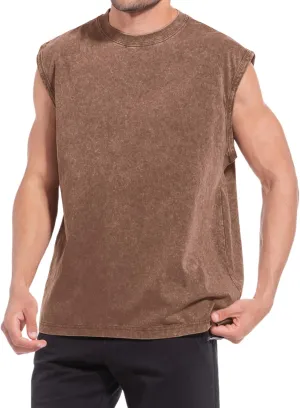 Sleeveless Muscle Cut Off Shirts for Men Gym Workout Running Beach Tank Tops Acid Wash Cotton Tshirt Loose Fit Tees