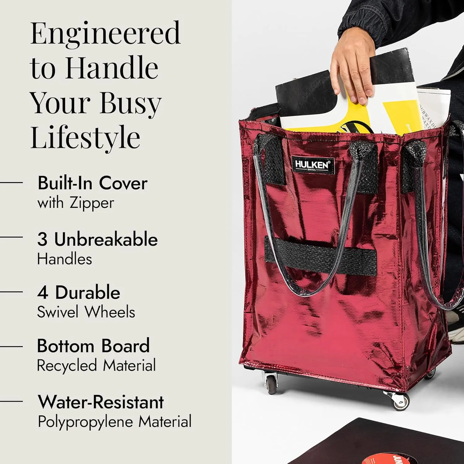 (Small, Cosmic Red) Reusable Grocery Bag On Wheels, Shopping Trolley, Rolling Tote, Zipper Closure, Lightweight, Carries Up to 66 lb, Folds Flat