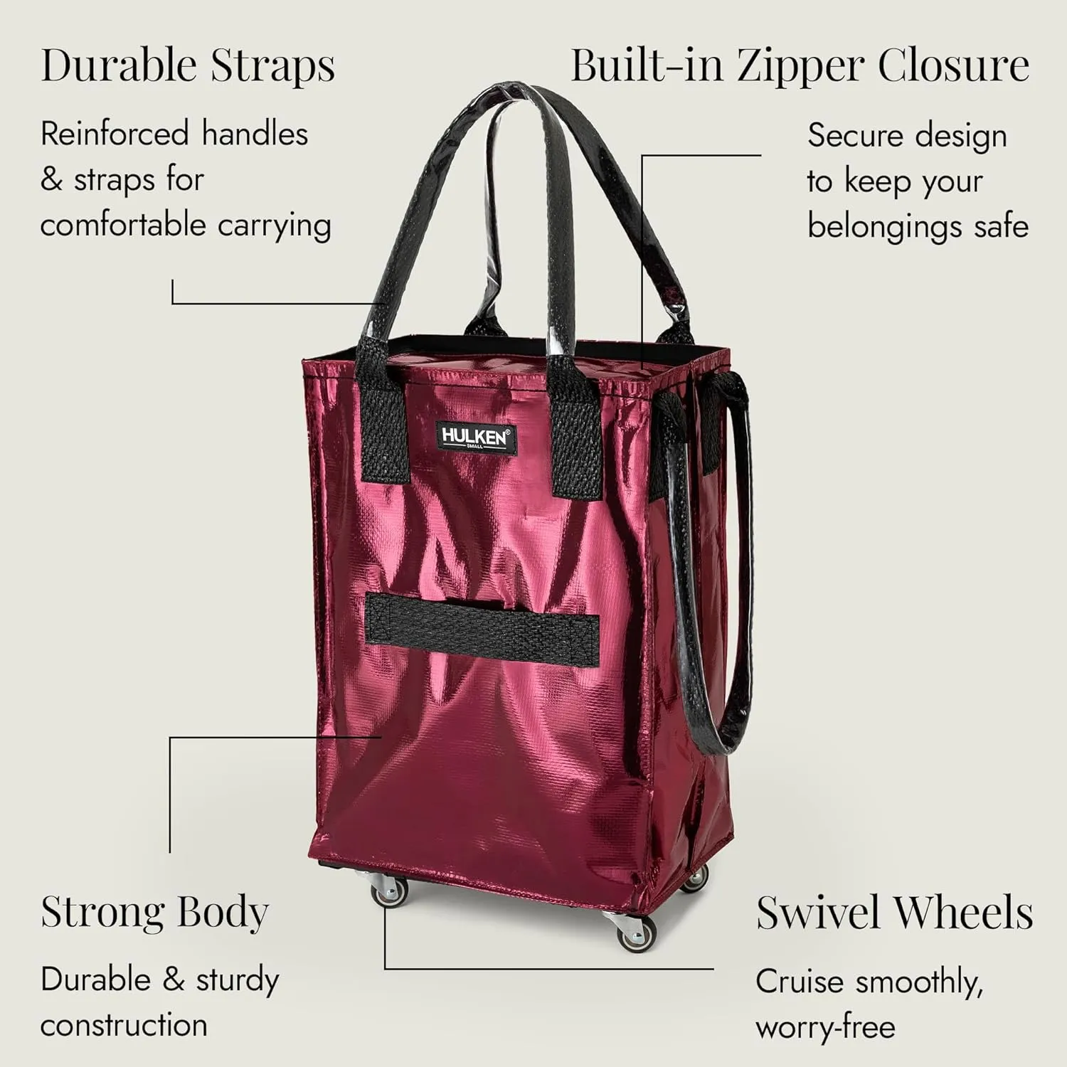 (Small, Cosmic Red) Reusable Grocery Bag On Wheels, Shopping Trolley, Rolling Tote, Zipper Closure, Lightweight, Carries Up to 66 lb, Folds Flat