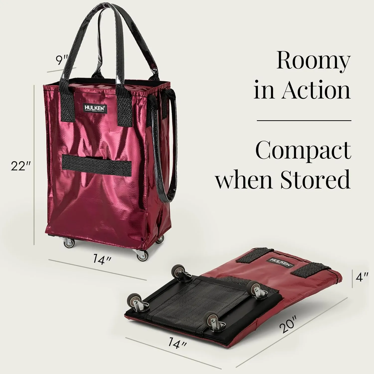 (Small, Cosmic Red) Reusable Grocery Bag On Wheels, Shopping Trolley, Rolling Tote, Zipper Closure, Lightweight, Carries Up to 66 lb, Folds Flat