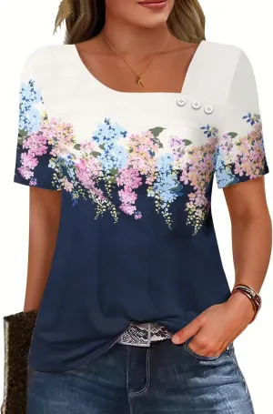 Soesdemo Womens Summer Tops Asymmetrical Neck Short Sleeve Button Dressy Casual Lightweight Tunic T Shirts Blouse