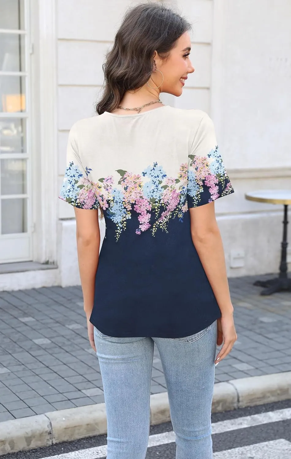 Soesdemo Womens Summer Tops Asymmetrical Neck Short Sleeve Button Dressy Casual Lightweight Tunic T Shirts Blouse