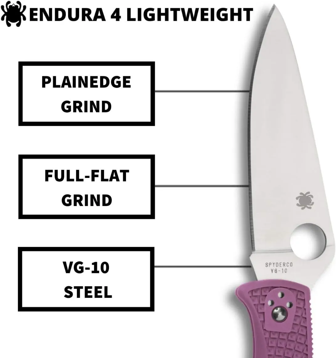 Spyderco Endura 4 Lightweight Signature Knife with 3.80" VG-10 Steel Blade and Purple FRN Handle - PlainEdge - C10FPPR