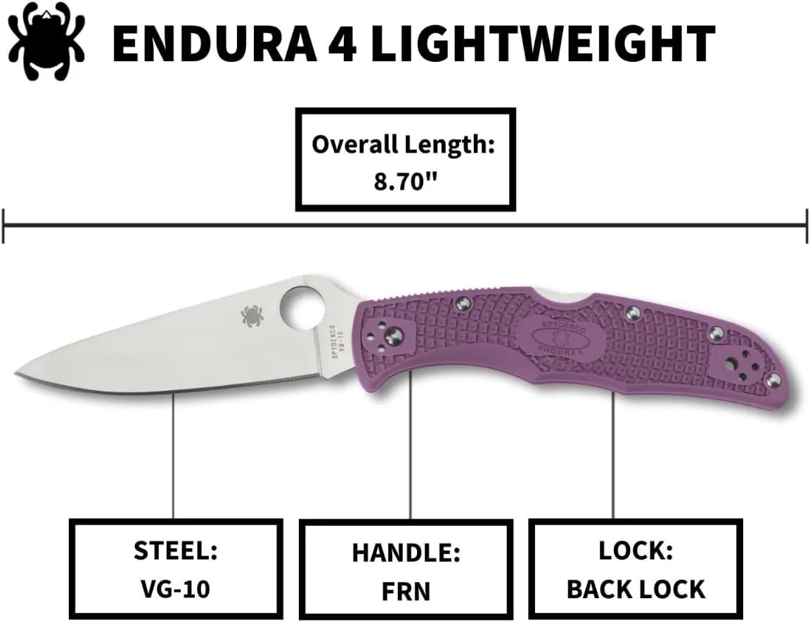 Spyderco Endura 4 Lightweight Signature Knife with 3.80" VG-10 Steel Blade and Purple FRN Handle - PlainEdge - C10FPPR