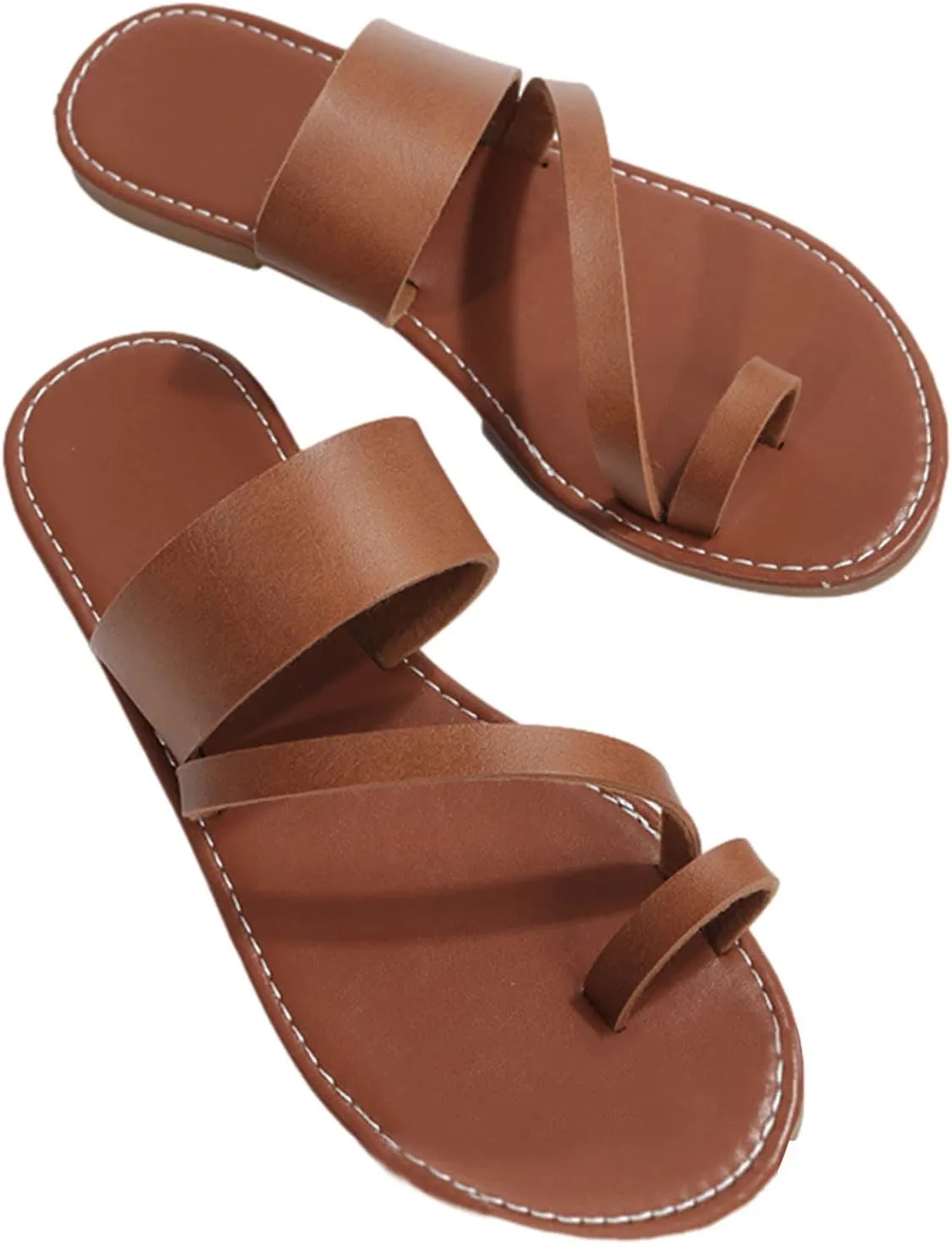 Summer Womens Casual Flat Sandals Vintage Straps Toe Ring Clip Toe Slip on Slides Lightweight Outdoor Slippers Comfortable Ladies Beach Shoes
