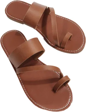 Summer Womens Casual Flat Sandals Vintage Straps Toe Ring Clip Toe Slip on Slides Lightweight Outdoor Slippers Comfortable Ladies Beach Shoes